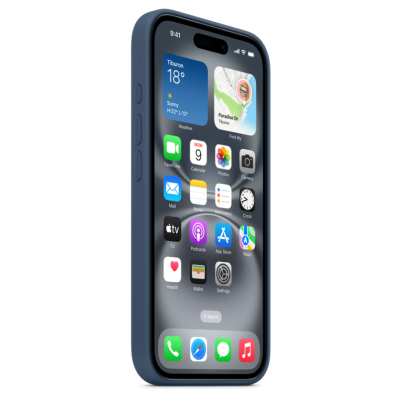 Silikonowe etui Apple MagSafe w kolorze denim do iPhone 16, prezentujące matową powierzchnię z logo Apple oraz charakterystyczną wyspę z dwoma obiektywami.