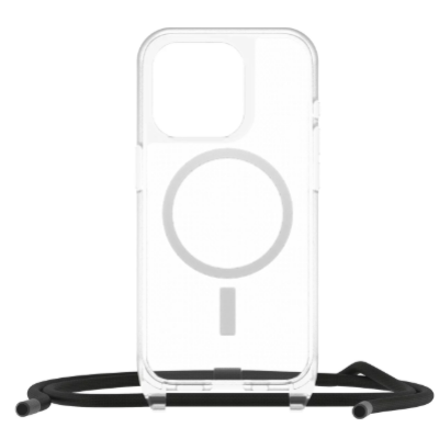 Przezroczyste etui OtterBox React Clear do iPhone 15 Pro z wbudowanym pierścieniem MagSafe oraz czarną smyczą mocowaną do dolnej krawędzi obudowy.