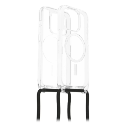 Przezroczyste etui OtterBox React Clear do iPhone 15 Pro z widocznym okręgiem MagSafe na pleckach oraz wycięciem na wyspę aparatów i port ładowania.