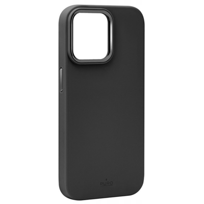 Czarne etui PURO Icon Mag Cover do iPhone 15 Pro, widok na tył z wycięciem na wyspę aparatów oraz subtelnym logo marki w dolnej części obudowy.