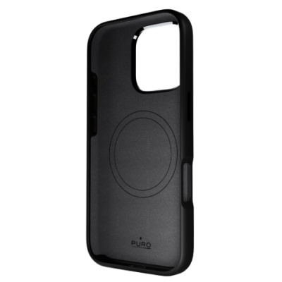 Czarne etui Puro Icon Mag Cover do iPhone 16 Pro z wycięciem na wyspę aparatów oraz widocznym otworem na przełącznik wyciszania i przyciski boczne.