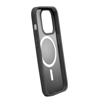 Czarne etui PURO Gradient z MagSafe do iPhone 15 Pro Max, ukazujące półprzezroczyste plecki, magnetyczny pierścień oraz wycięcie na wyspę aparatów.