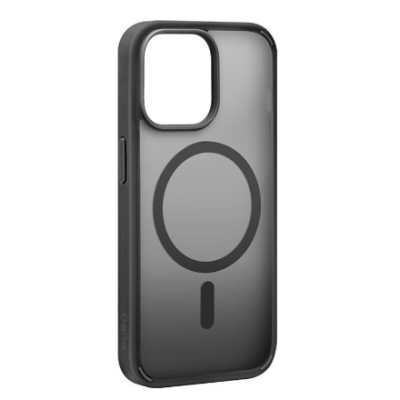 Czarne etui PURO Gradient z MagSafe do iPhone 15 Pro Max, ukazujące półprzezroczyste plecki, magnetyczny pierścień oraz wycięcie na wyspę aparatów.