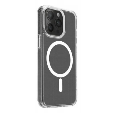 Przezroczyste etui PURO LiteMag z wbudowanym pierścieniem magnetycznym MagSafe do iPhone 15 Pro, ukazujące wycięcie na aparat oraz logo marki na boku.