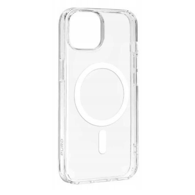 Przezroczyste etui PURO LiteMag z wbudowanym pierścieniem magnetycznym MagSafe do iPhone 15 Pro, ukazujące wycięcie na aparat oraz logo marki na boku.