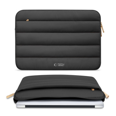 Czarne, pikowane etui Tech-Protect Fluffy do MacBooka 13-14 cali z logo marki, widoczne w dwóch ujęciach: z przodu oraz z wsuniętym do środka laptopem.