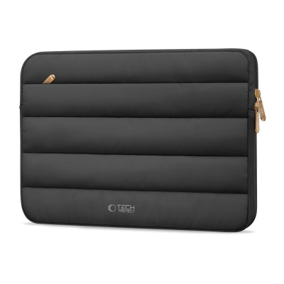 Czarne etui Tech-Protect Fluffy do MacBooka 13-14 cali z poziomym pikowaniem, złotym zamkiem błyskawicznym i logo marki w dolnej części na środku.