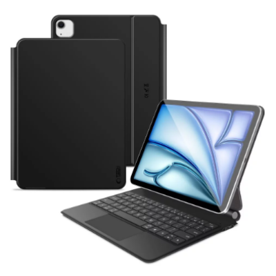 Czarne etui Tech-Protect Smartcase Magnetic z klawiaturą do iPad Air 11 i 10.9, prezentowane w formie zamkniętej oraz otwartej z tabletem w pozycji stojącej.