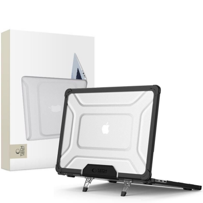 Obudowa Tech-Protect Smartshell Pro na Apple MacBook Air 15 w kolorze czarno-przezroczystym, z widocznymi rozkładanymi nóżkami oraz zbliżeniem na mechanizm.