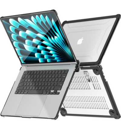 Obudowa Tech-Protect Smartshell Pro na Apple MacBook Air 15 M2 M3 M4, prezentująca czarną ramkę ochronną oraz przezroczysty panel z wycięciami wentylacyjnymi.