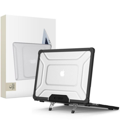 Pancerna obudowa Tech-Protect Smartshell Pro do Apple MacBook Air 13 M2/M3/M4 w kolorze czarno-przezroczystym z rozłożonymi nóżkami podstawki, widok z boku.