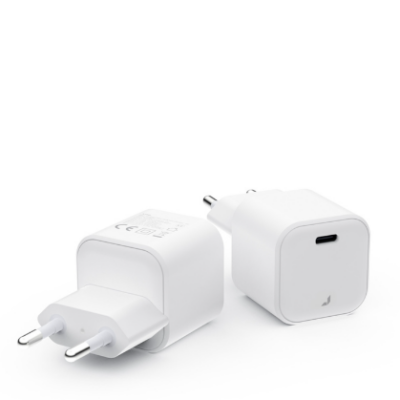 Dwie białe ładowarki sieciowe JCPAL Bolt Pro USB-C 35W ustawione pod kątem, ukazujące wtyczkę europejską oraz pojedynczy port ładowania na froncie obudowy.