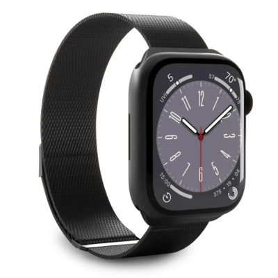 Czarny pasek Puro Milanese z magnetycznym zapięciem do Apple Watch, widoczny na zegarku z tarczą typu analogowego z widocznymi informacjami o pogodzie i UV.
