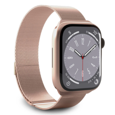 Pasek Puro Milanese w kolorze różowego złota z magnetycznym zapięciem założony na Apple Watch z tarczą analogową, widok z boku na kopertę i bransoletę.
