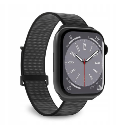 Czarny pasek Puro z nylonu do Apple Watch na czarnej kopercie zegarka z aktywną tarczą analogową, widok z profilu prezentujący zapięcie i design akcesorium.