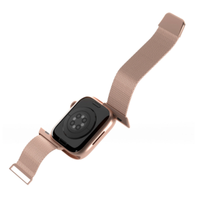 Pasek Puro Milanese w kolorze różowego złota z magnetycznym zapięciem założony na Apple Watch z tarczą analogową, widok z boku na kopertę i bransoletę.