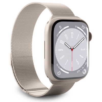 Szampański pasek Puro Milanese Magnetic Band do Apple Watch 44/45mm z magnetycznym zapięciem, widoczny na zegarku z jasną tarczą w widoku z profilu.
