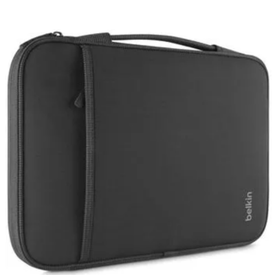 Czarna torba na laptopa 13 cali marki Belkin z wygodnym uchwytem, widocznym zamkiem błyskawicznym oraz minimalistycznym logotypem producenta na froncie.