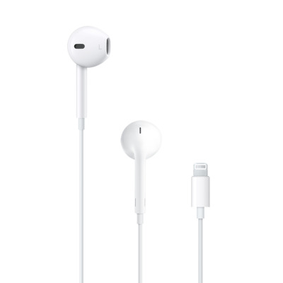 Białe słuchawki douszne Apple EarPods ze złączem Lightning, widoczne od frontu z wyraźnie zaznaczoną literą L na lewej słuchawce oraz przewodem z wtyczką.