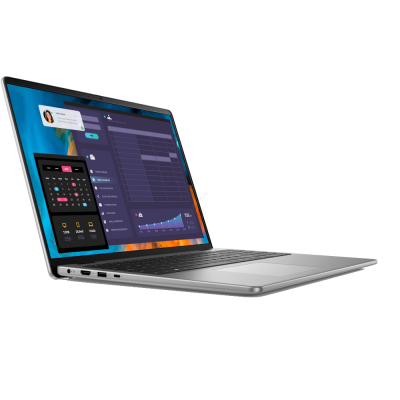 Srebrny notebook Dell Vostro 16 5640 z otwartą klapą, prezentujący interfejs systemu z kalendarzem i wykresami na ekranie, ujęty z boku z widocznymi portami.