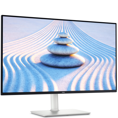 Monitor Dell S2725HS 27 cali z matrycą IPS na jasnej podstawie, ustawiony pod kątem, prezentujący na ekranie tapetę z ułożonymi kamieniami zen w piasku.