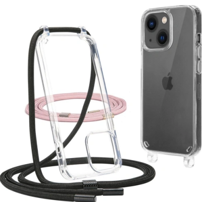 Przezroczyste etui Tech-Protect Flexair Chain do iPhone 13 z czarną i różową smyczą, widoczne w formie pustego pokrowca oraz założone na telefon.