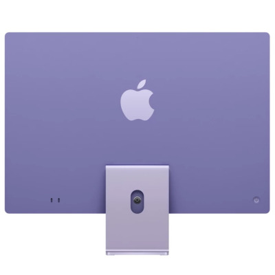 Fioletowy komputer Apple iMac 24 z czipem M1, widoczny od frontu wraz z dopasowaną kolorystycznie klawiaturą Magic Keyboard oraz myszą Magic Mouse.
