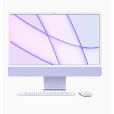 Fioletowy komputer Apple iMac 24 z czipem M1, widoczny od frontu wraz z dopasowaną kolorystycznie klawiaturą Magic Keyboard oraz myszą Magic Mouse.