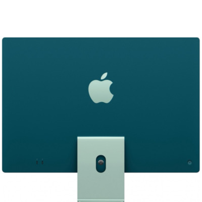 Apple iMac 24 z czipem M1 w kolorze zielonym, widok od przodu na smukły ekran z cienkimi ramkami oraz charakterystyczną podstawę w tym samym odcieniu.