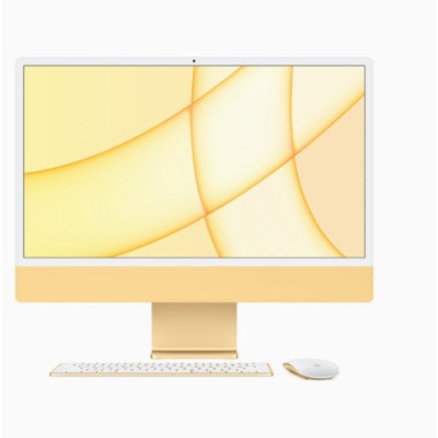 Apple iMac 24 z czipem M1 w kolorze żółtym, widoczny od frontu wraz z dopasowaną kolorystycznie klawiaturą Magic Keyboard oraz myszą Magic Mouse.
