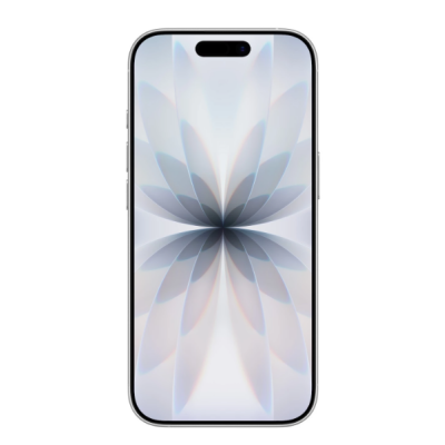 Apple iPhone 17 w kolorze białym, widok z tyłu prezentujący pionowy układ dwóch obiektywów aparatu oraz przód urządzenia z wyświetlaczem i wcięciem Dynamic