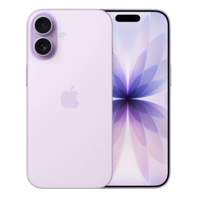 Apple iPhone 17 w kolorze lawendowym, widok na tył z pionowym układem dwóch obiektywów aparatu oraz przód z wyświetlaczem i charakterystycznym wycięciem.