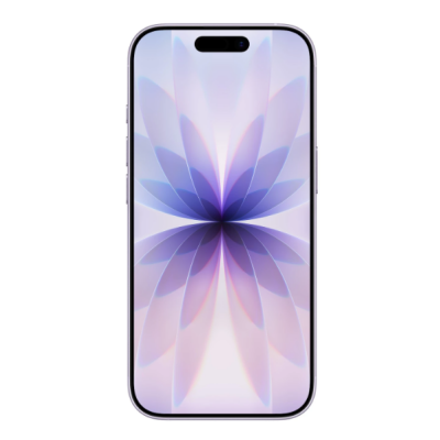 Apple iPhone 17 w kolorze lawendowym, widok na tył z pionowym układem dwóch obiektywów aparatu oraz przód z wyświetlaczem i charakterystycznym wycięciem.