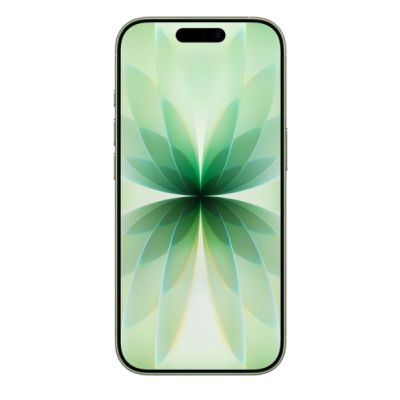 Apple iPhone 17 w kolorze szałwiowym, ukazany jednocześnie od strony plecków z pionowym układem podwójnego aparatu oraz od frontu z widocznym ekranem.