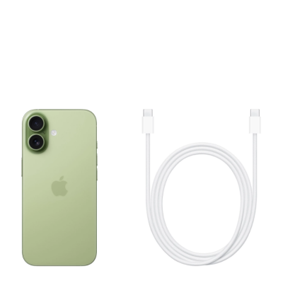 Apple iPhone 17 w kolorze szałwiowym z widoczną wyspą aparatów obok białego przewodu USB-C do ładowania, ujęcie prezentujące zestaw sprzedażowy urządzenia.