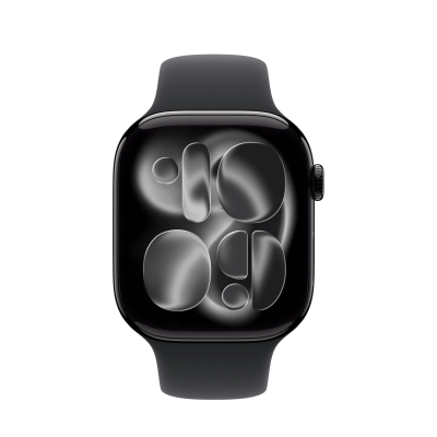 Apple Watch Series 11 42mm w kolorze onyks z czarnym paskiem sportowym S/M, widoczny z profilu pod kątem, prezentujący kopertę oraz cyfrową koronkę Digital