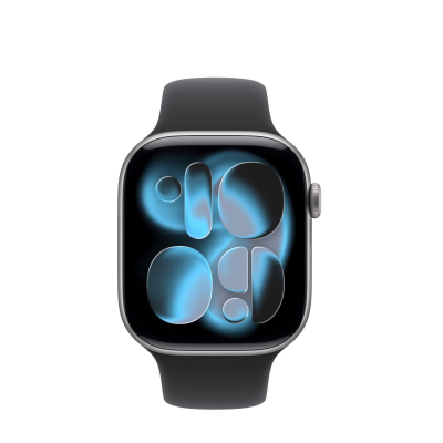 Apple Watch Series 11 46mm w kolorze gwiezdnej szarości z czarnym paskiem sportowym, widok z profilu prezentujący kopertę oraz zapięcie paska.