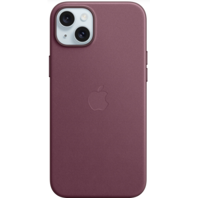Etui Apple FineWoven w kolorze Mulberry do iPhone 15 Plus z widocznym logo Apple na środku plecków oraz charakterystyczną wyspą na dwa obiektywy aparatów.