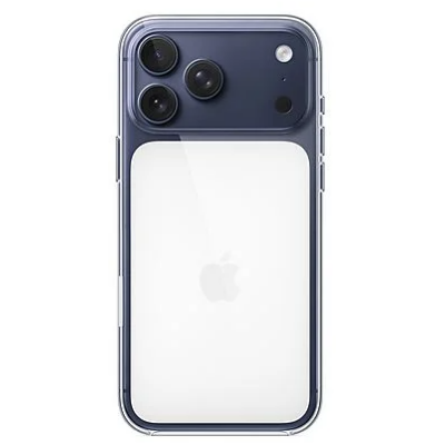 Przezroczyste etui Apple MagSafe na iPhone 17 Pro Max, widok na tylny panel z charakterystyczną wyspą aparatów oraz logo Apple na środku obudowy.