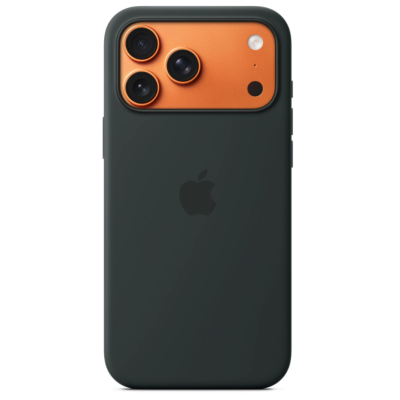 Czarne silikonowe etui Apple MagSafe do iPhone 17 Pro Max, widok na tył urządzenia z charakterystyczną srebrną wyspą aparatów i centralnym logo Apple.