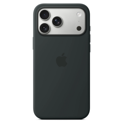 Czarne silikonowe etui Apple MagSafe do iPhone 17 Pro, widok na tylny panel z charakterystyczną wyspą aparatów o srebrnym wykończeniu i logo Apple.