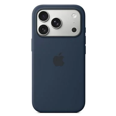 Granatowe silikonowe etui Apple MagSafe do iPhone 17 Pro, widok na tylną część obudowy z charakterystyczną wyspą aparatów oraz logo Apple na środku.