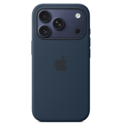 Granatowe silikonowe etui Apple MagSafe do iPhone 17 Pro, widok na tylną część obudowy z charakterystyczną wyspą aparatów oraz logo Apple na środku.