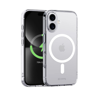 Przezroczyste etui Crong Clear MAG Cover do iPhone 16 z widocznym pierścieniem magnetycznym, prezentowane obok telefonu z aktywnym ładowaniem na ekranie.
