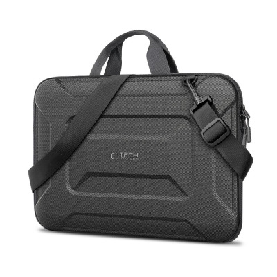 Czarna torba Tech-Protect Ranger-X Tactical do MacBooka 13-14 cali z usztywnianą fakturą, uchwytami, odpinanym paskiem na ramię i logotypem na froncie.
