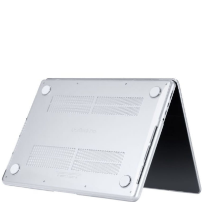 Przezroczysta obudowa Tech-Protect Smartshell na spodzie laptopa Apple MacBook Pro 14 2021, ukazująca otwory wentylacyjne oraz gumowe nóżki antypoślizgowe.