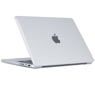 Przeźroczysta obudowa Tech-Protect Smartshell na laptopie Apple MacBook Pro 14 2021, widoczna z boku z odsłoniętymi portami i czarną klawiaturą urządzenia.