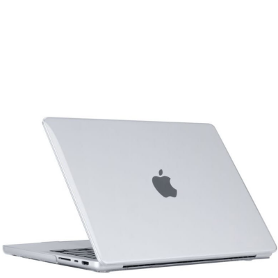 Przezroczysta obudowa Tech-Protect Smartshell na laptopie Apple MacBook Pro 14 2021, widok z tyłu na zamkniętą klapę z logo oraz boczne porty urządzenia.