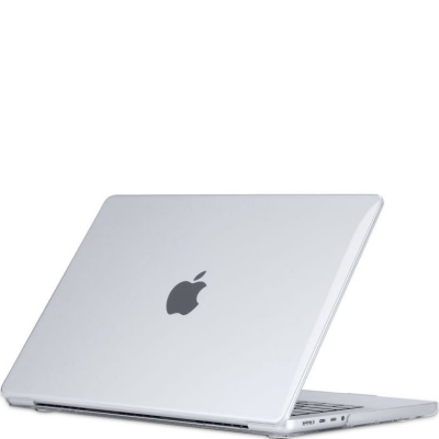 Przezroczysta obudowa Tech-Protect Smartshell na laptopie Apple MacBook Pro 14 2021, widok z tyłu na zamkniętą klapę z logo oraz boczne porty urządzenia.