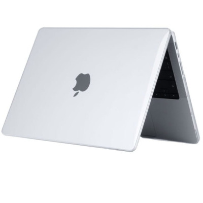 Przeźroczysta obudowa Tech-Protect Smartshell na laptopie Apple MacBook Pro 14 2021, widoczna z boku z odsłoniętymi portami i czarną klawiaturą urządzenia.
